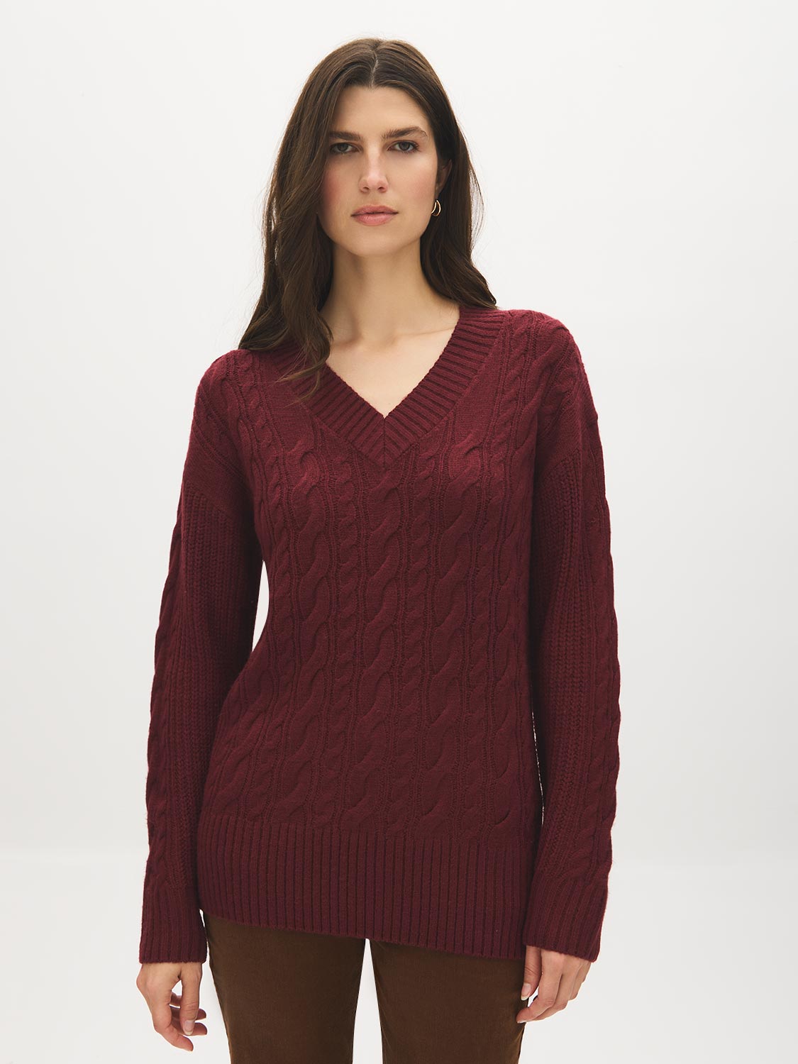 Zinfandel Cable Knit V-Neck Sweater - Woman Wearing Textured Knit Top - Suzy Shier