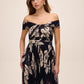Dark Sapphire/Gold Off-Shoulder Metallic Crinkle Gown - Front View - Le Chateau