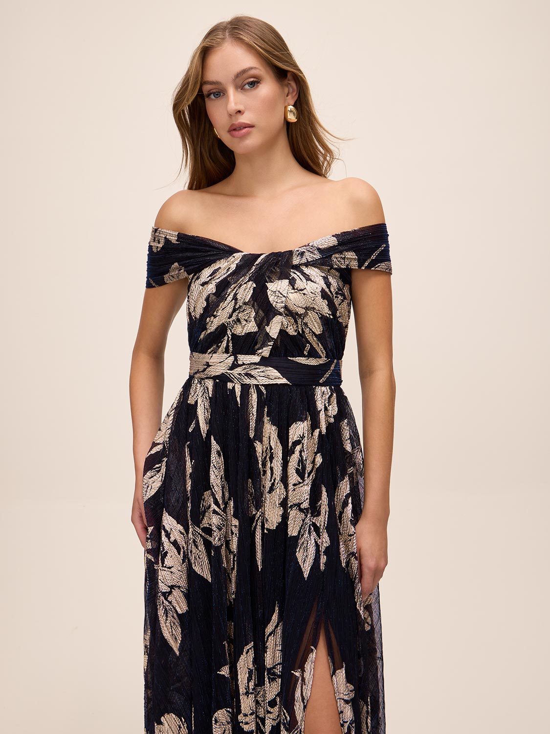 Dark Sapphire/Gold Off-Shoulder Metallic Crinkle Gown - Front View - Le Chateau