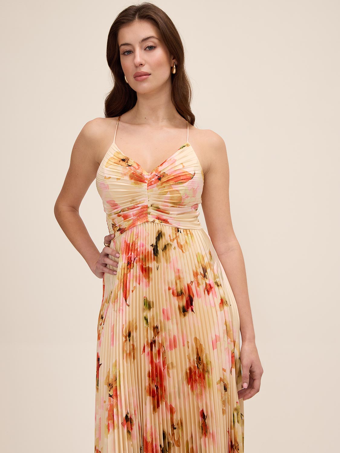 Rust and Sweet Clay Floral Satin V-Neck Pleated Midi Dress - Woman Wearing Elegant Midi Dress - Le Chateau