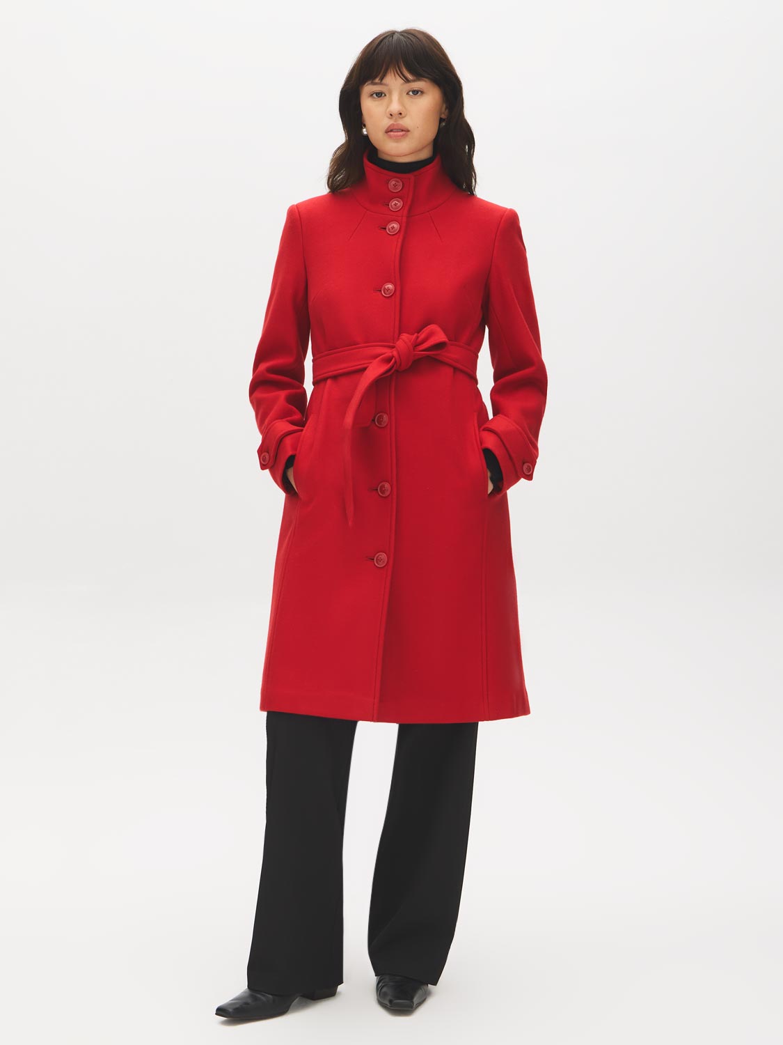 Red Faux Wool Funnel Neck Coat with Wrap Belt - Front View - Suzy Shier