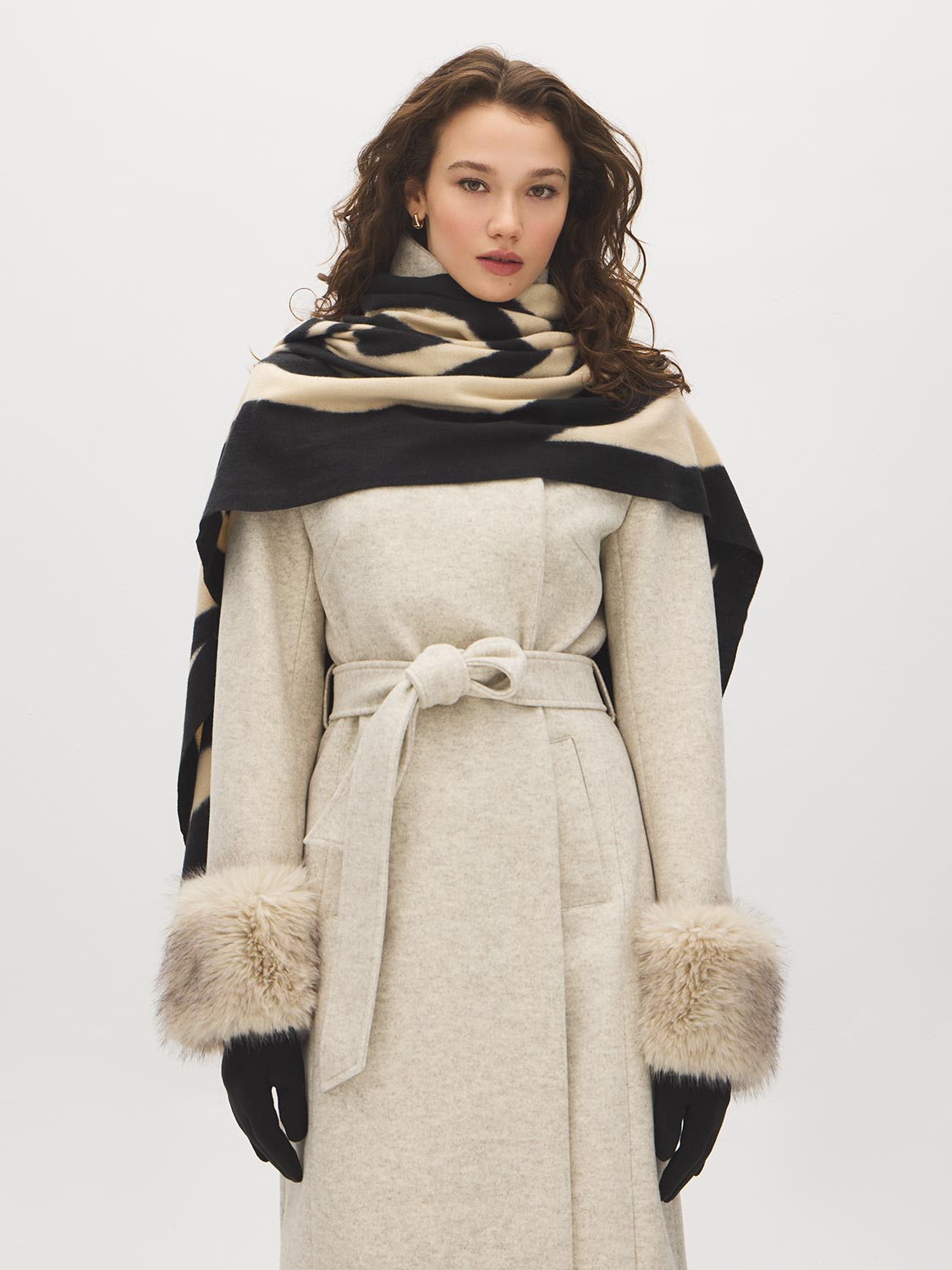 Black/Beige Soft Brushed Geo Pattern Scarf - Woman Wearing Cozy Geometric Scarf - Suzy Shier