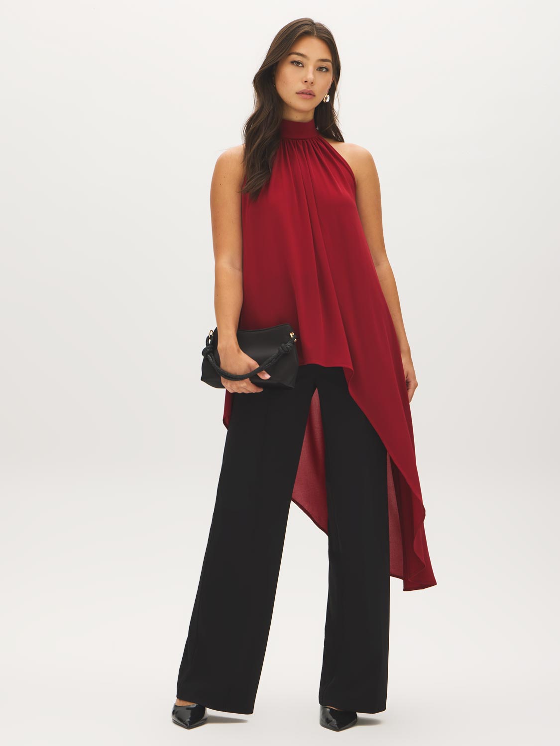 Lipstick Asymmetrical Mesh Halter Top - Full Front View - Suzy Shier