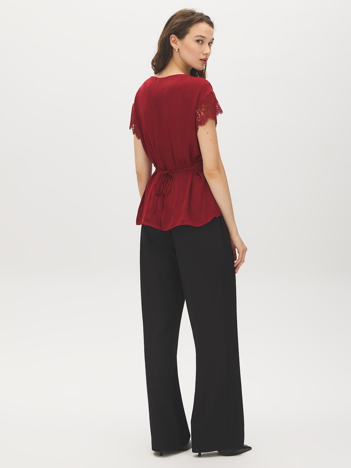 Midnight Plum Boat Neck Popover Top with Lace Trim - Back View - Suzy Shier