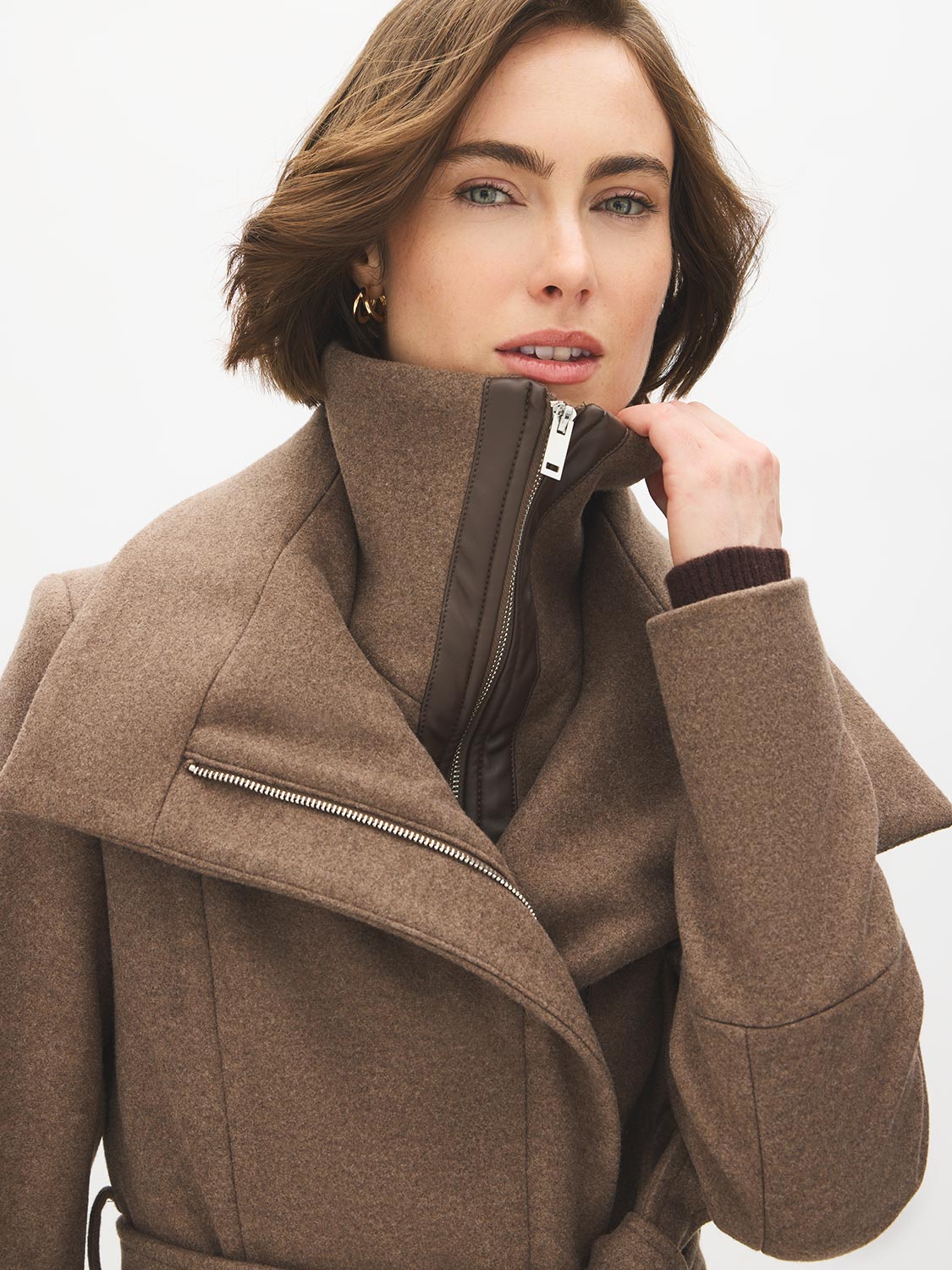Dark Charcoal Melange Double Collar Mid-Length Coat with Belt - Collar Detail - Suzy Shier