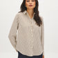 Winter White and Bison Stripe Twill Oversized Blouse - Woman Wearing Relaxed Fit Shirt - Suzy Shier