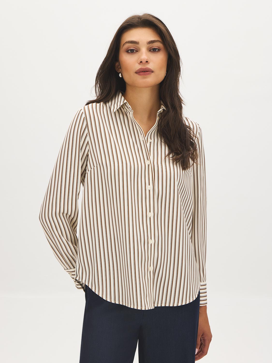 Winter White and Bison Stripe Twill Oversized Blouse - Woman Wearing Relaxed Fit Shirt - Suzy Shier