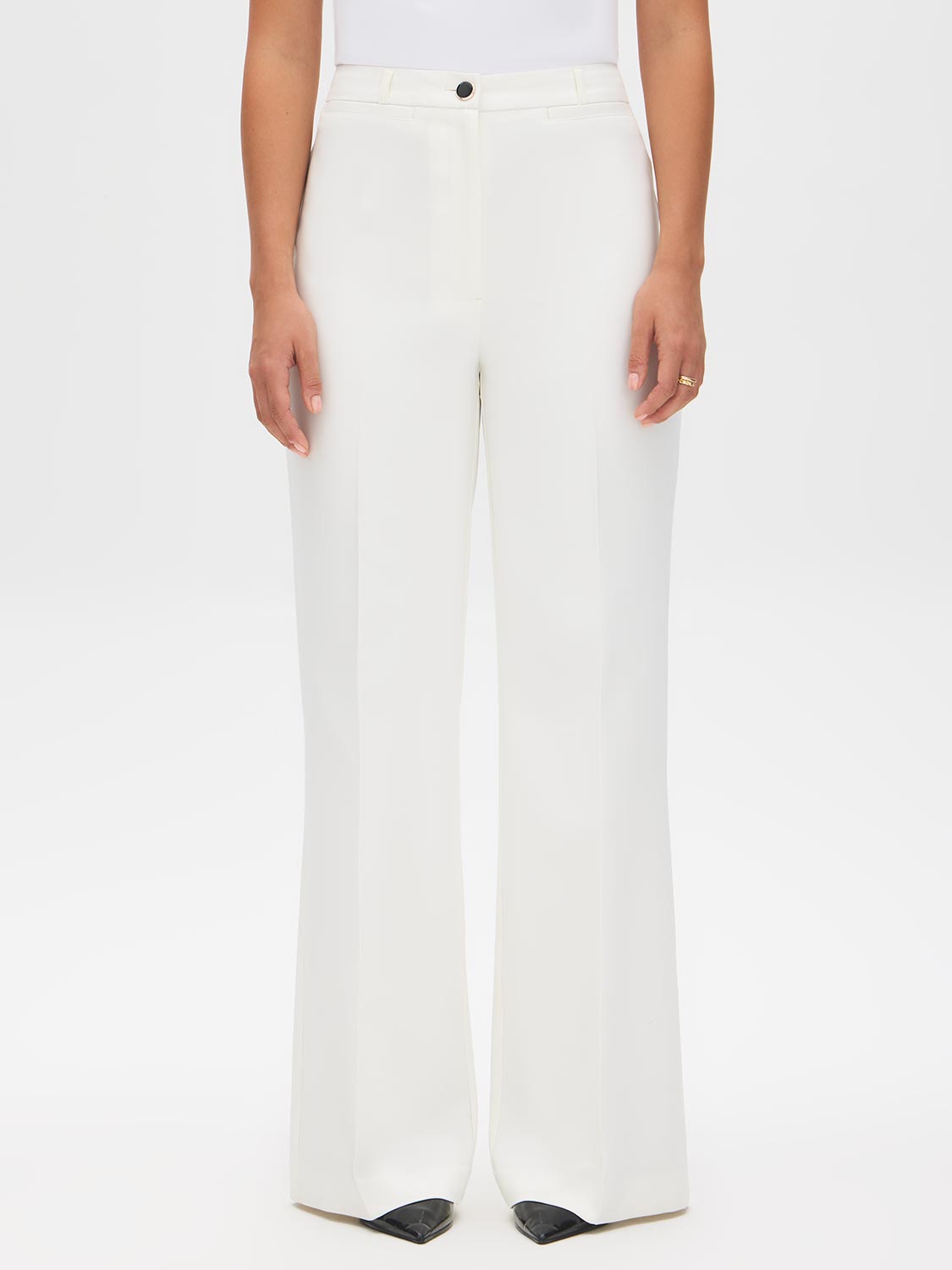 Off White Fit & Flare Full-Length Trousers - Front View - Suzy Shier