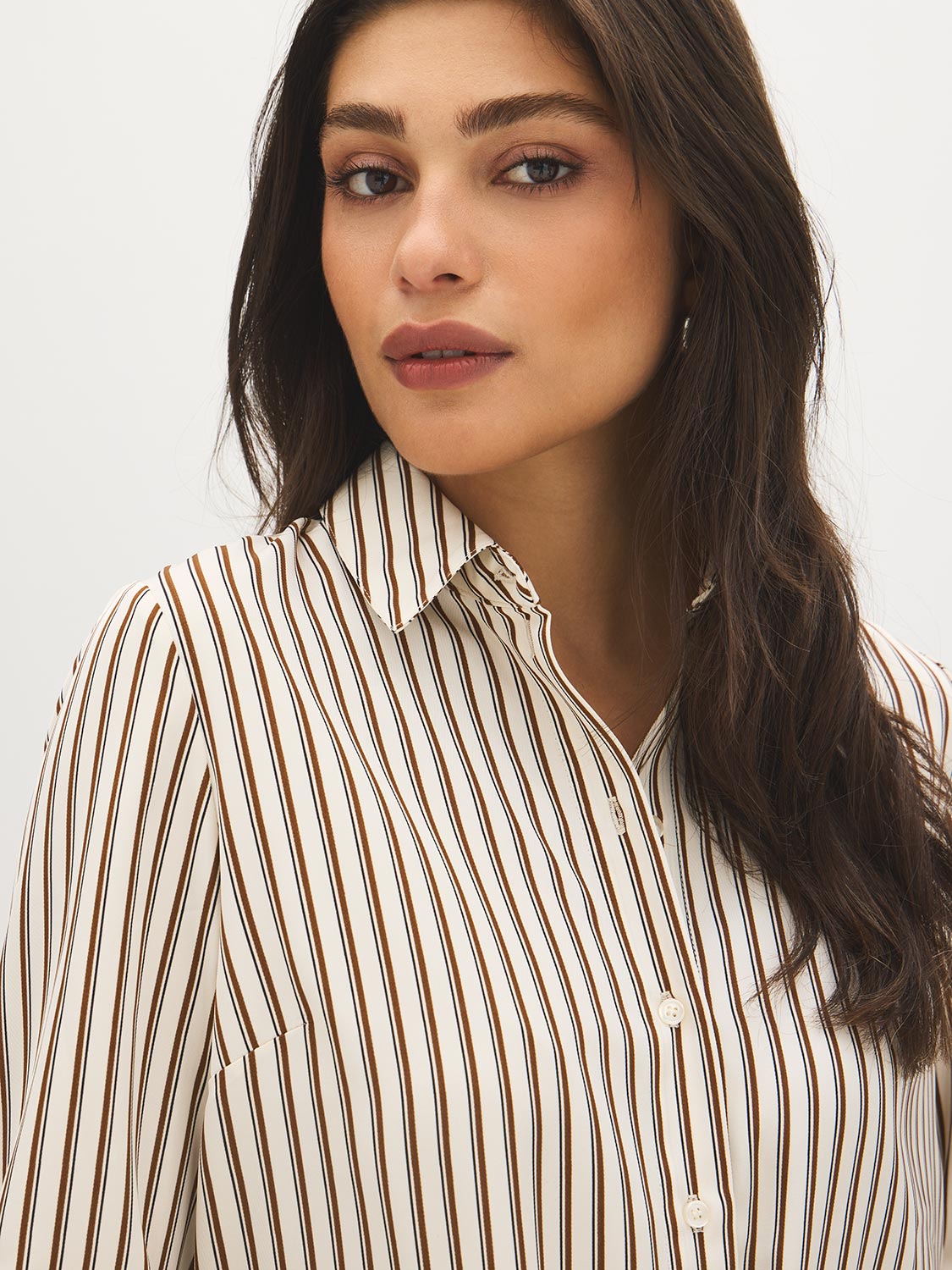 Winter White and Bison Stripe Twill Oversized Blouse - Close-up Fabric Detail - Suzy Shier