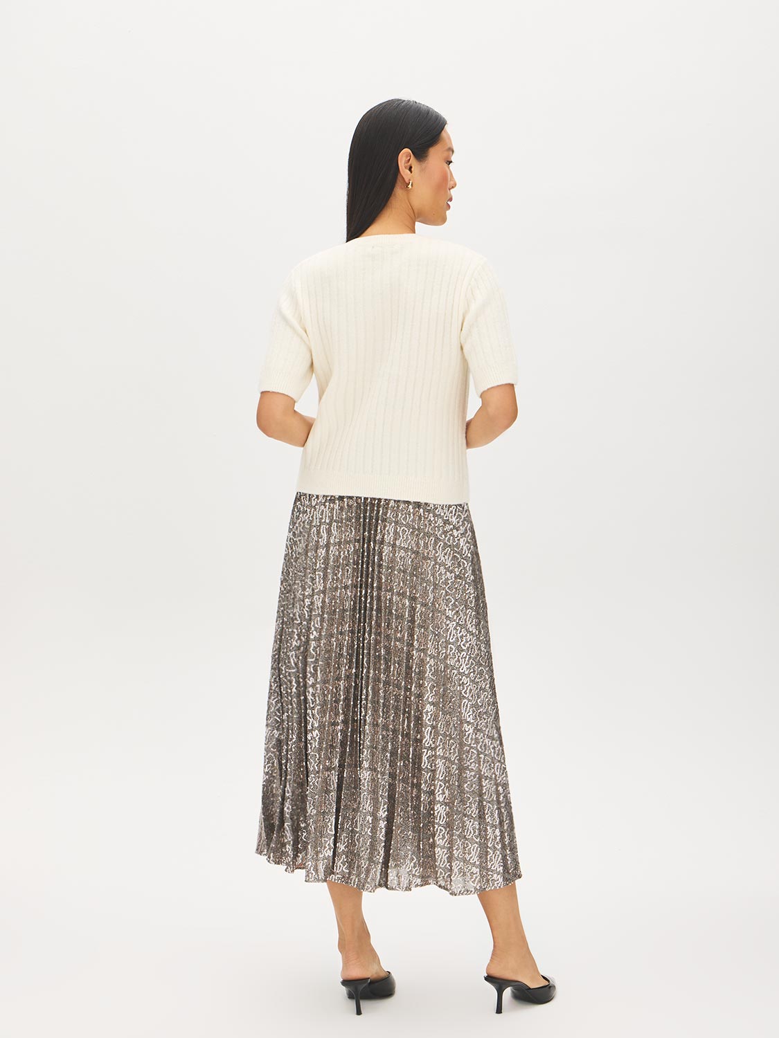 Snow White Short Sleeve Ribbed Button-Front Cardigan - Back View - Suzy Shier