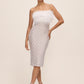 Silver/Antique Cream Sequin Mesh Midi Dress - Woman Wearing Feather Trim Evening Dress - Le Chateau