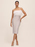 Silver/Antique Cream Sequin Mesh Midi Dress - Woman Wearing Feather Trim Evening Dress - Le Chateau