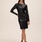 Black Sequin Stripe Scoop Neck Dress - Woman Wearing Long Illusion Sleeve Dress - Le Chateau