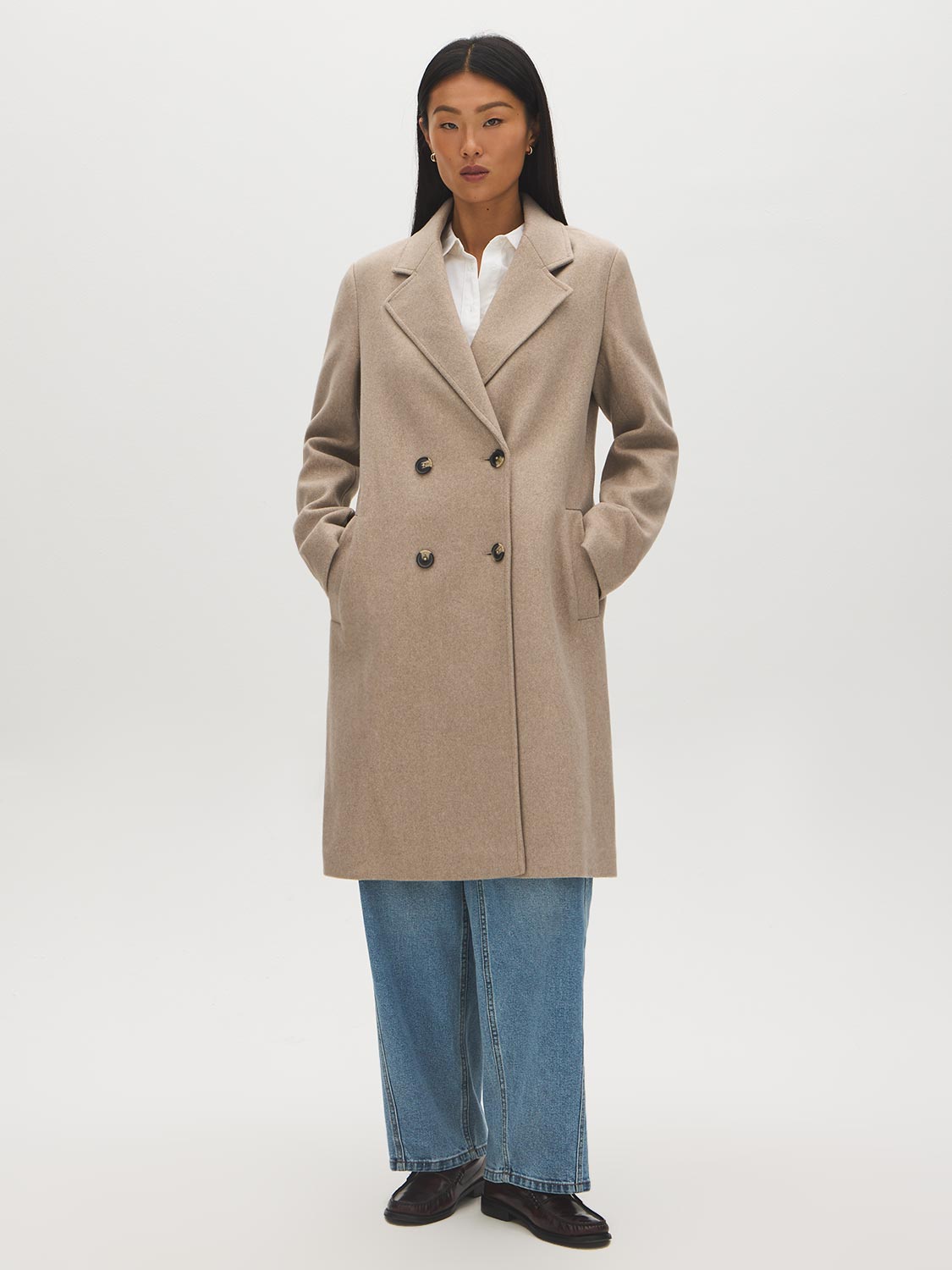 Latte Double-Breasted Faux Wool Coat - Front View - Suzy Shier