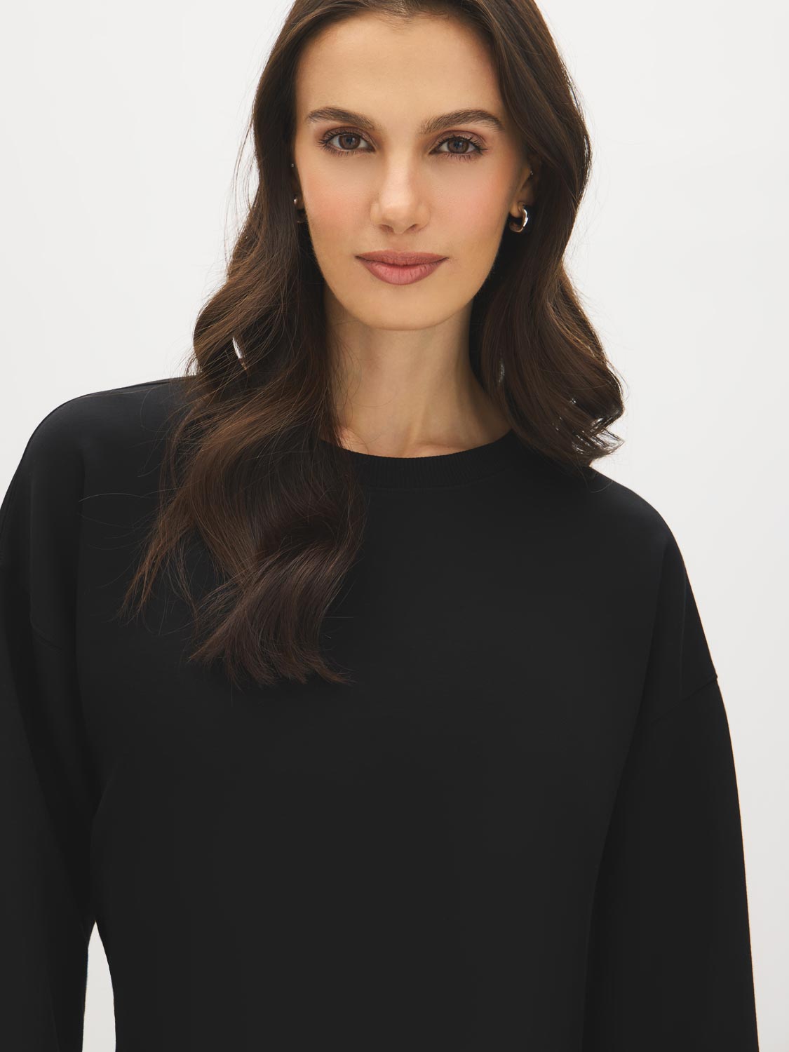 Coffee Bean Cloud Fleece Top with Drop Shoulder Sleeves - Close-up Fabric Detail - Suzy Shier