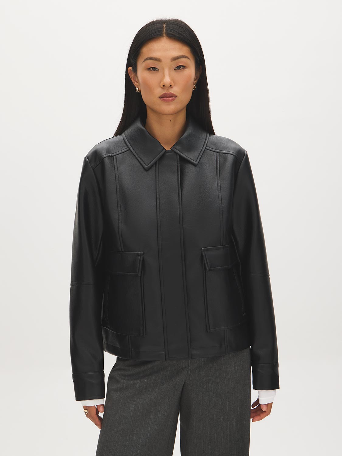 Black Oversized Faux Leather Utility Jacket - Woman Wearing Lined Utility Outerwear - Suzy Shier