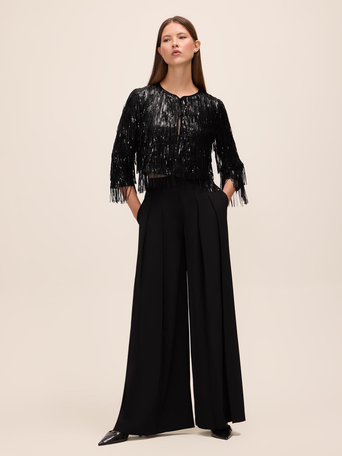 Black Sequin Fringe Bolero Cover Up - Full Front View - Le Chateau