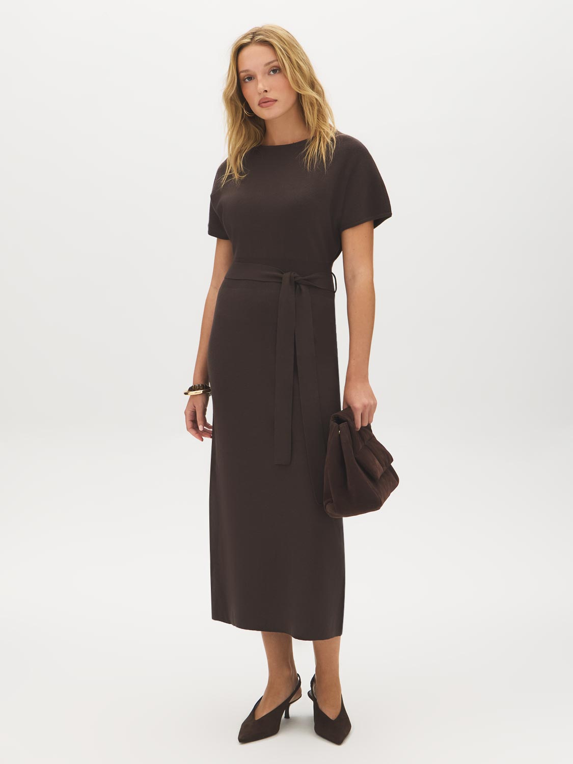 Brown Melange Soft Knit Midi Dress with Dolman Sleeves - Woman Wearing Ribbed Waist Dress - Suzy Shier