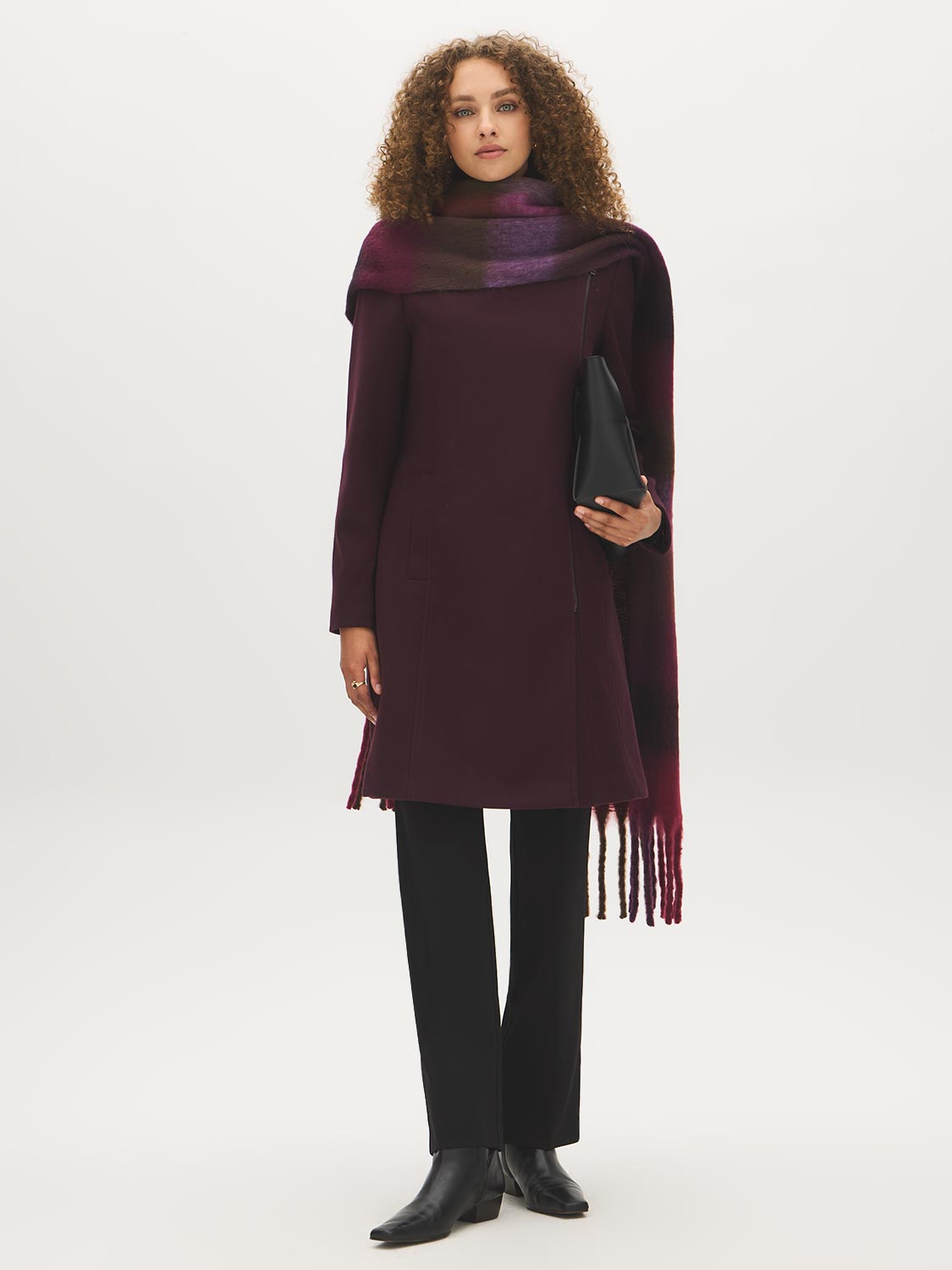 DK Burgundy Asymmetrical Zip Faux Wool Coat - Full Front View with Scarf - Suzy Shier