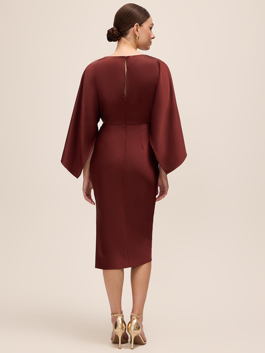 Brick Satin Boat Neck Sheath Dress - Back View - Le Chateau