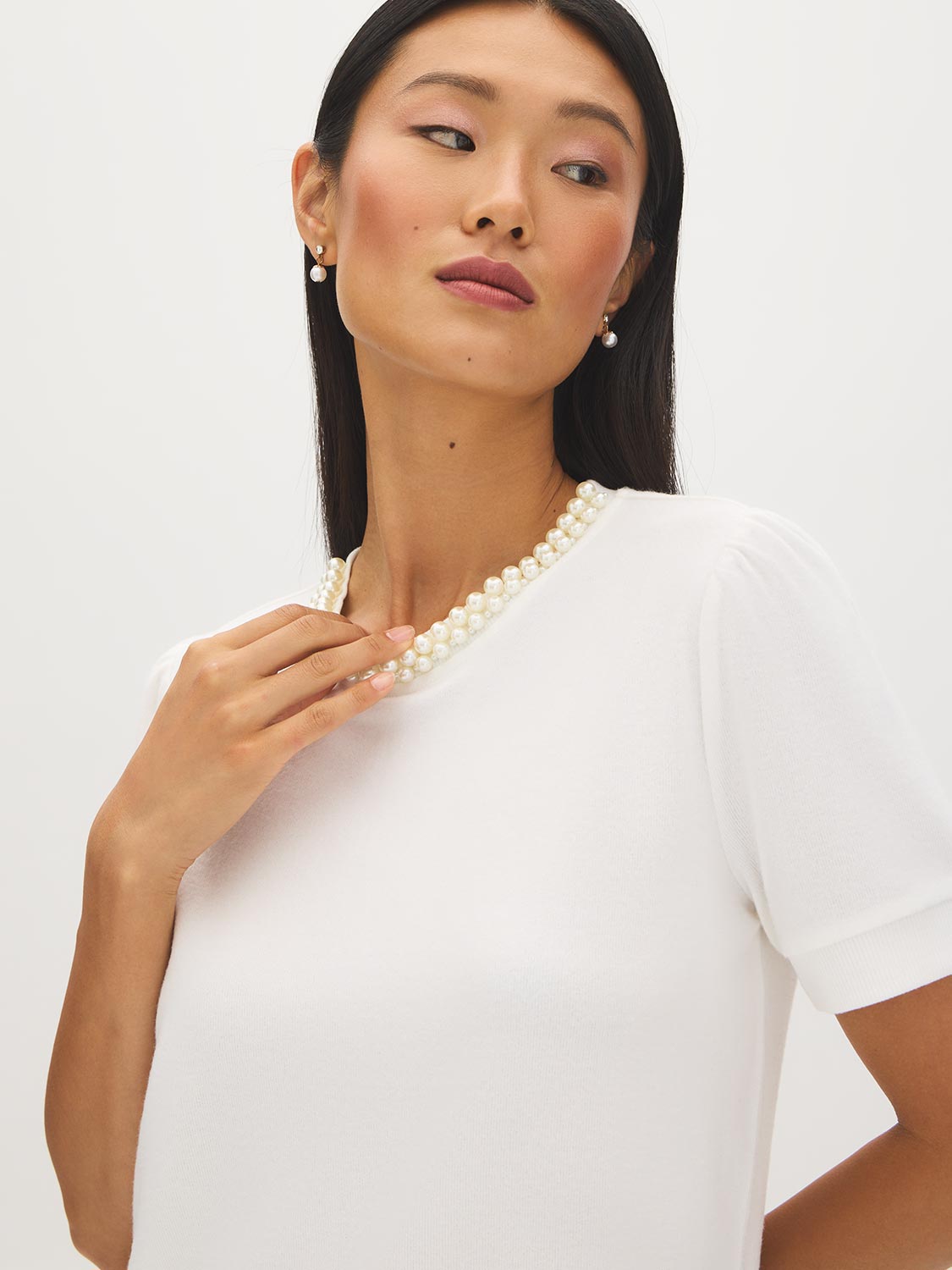 White Pearl-Detail Crew Neck Sweater Top - Collar Detail - Suzy Shier
