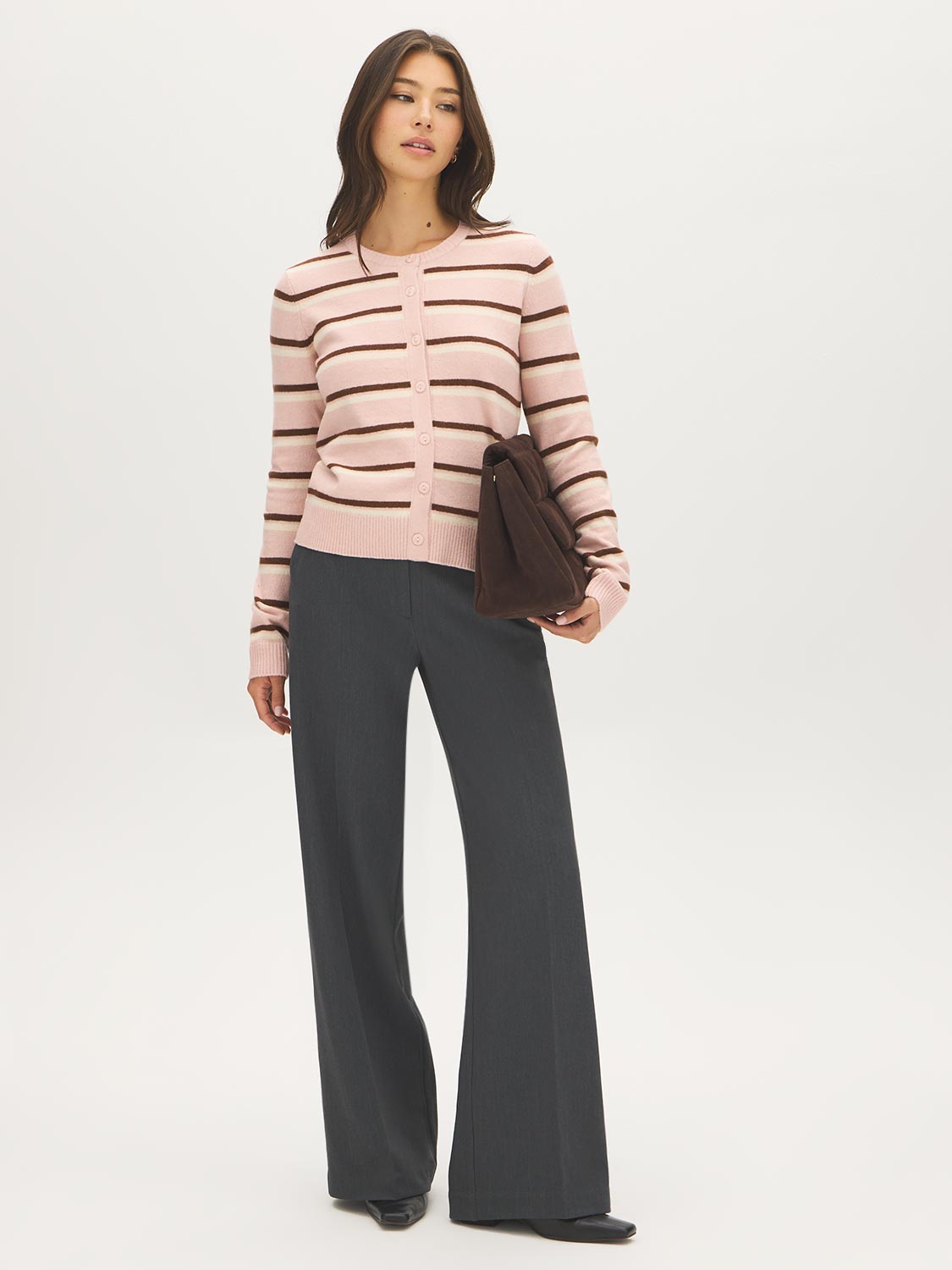 Pink/Brown/Ivory Striped Button-Front Cardigan - Front View - Suzy Shier