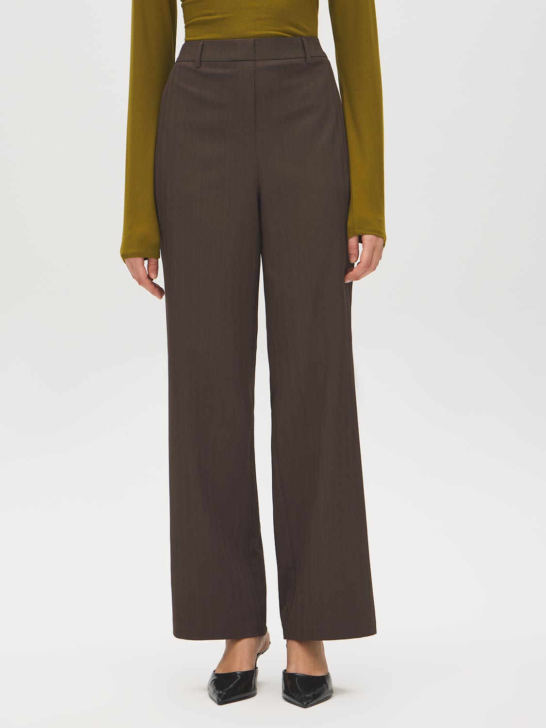 Dark Brown Pull-On Wide-Leg Pants with Belt Loops - Front View - Suzy Shier