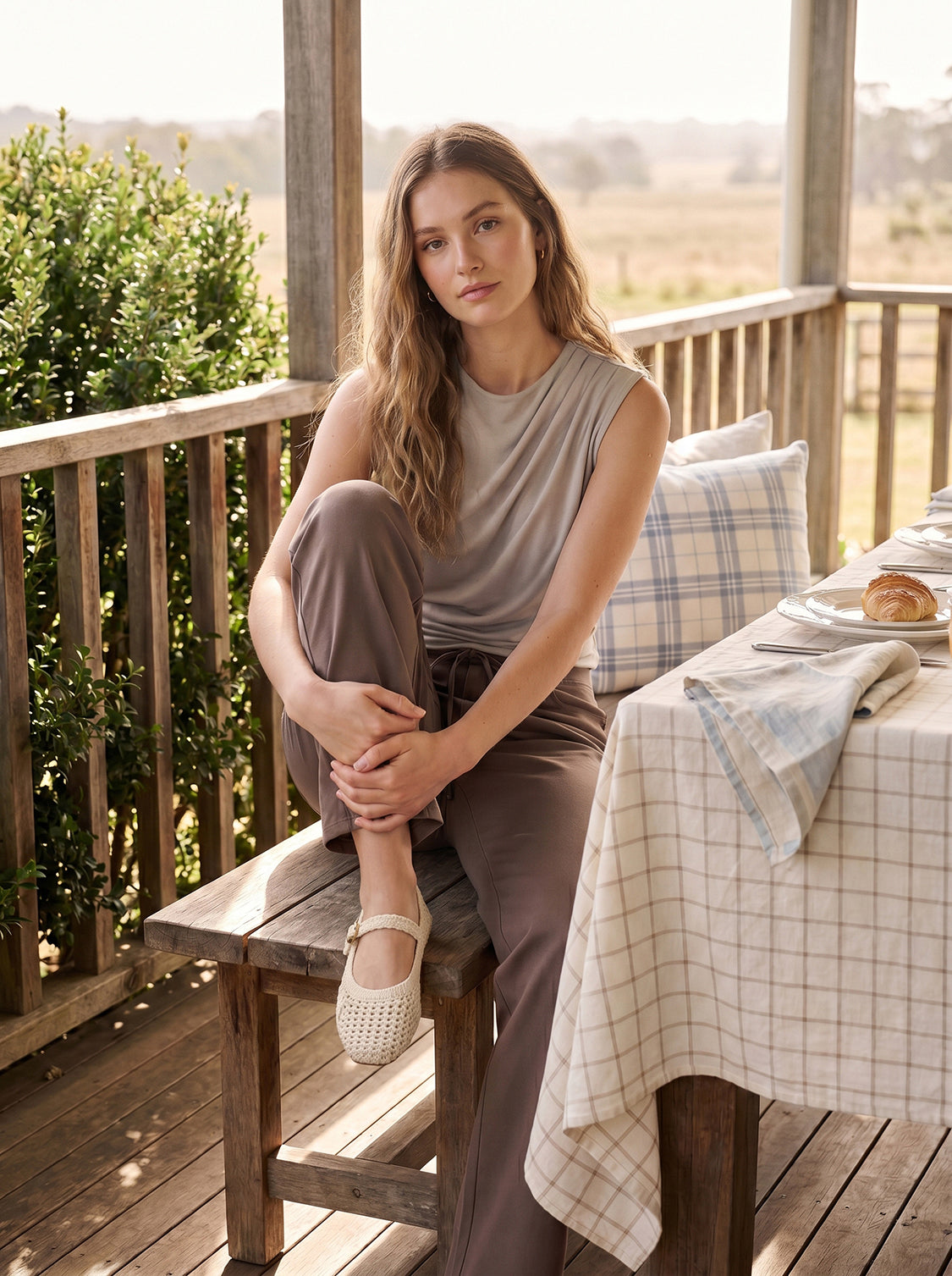 Lt Grey Sleeveless Crew Neck Shell Top with Side Pleats - Suzy Shier