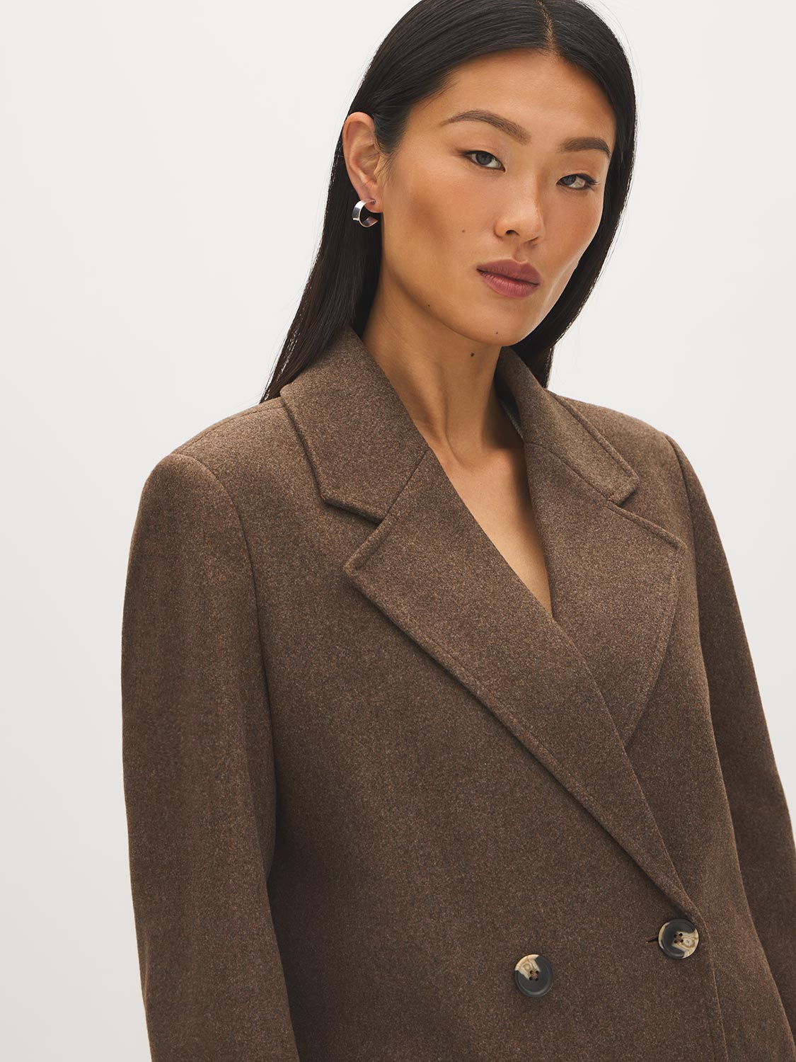 Latte Double-Breasted Faux Wool Coat - Close-up Collar Detail - Suzy Shier