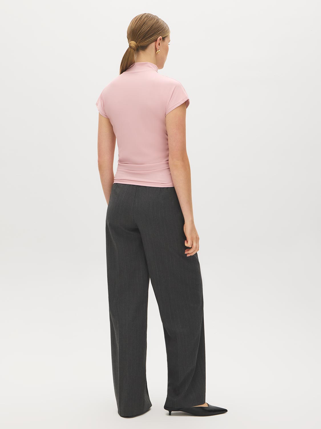 Zephyr Mock Neck Ribbed Top with Side Ruching - Back View - Suzy Shier
