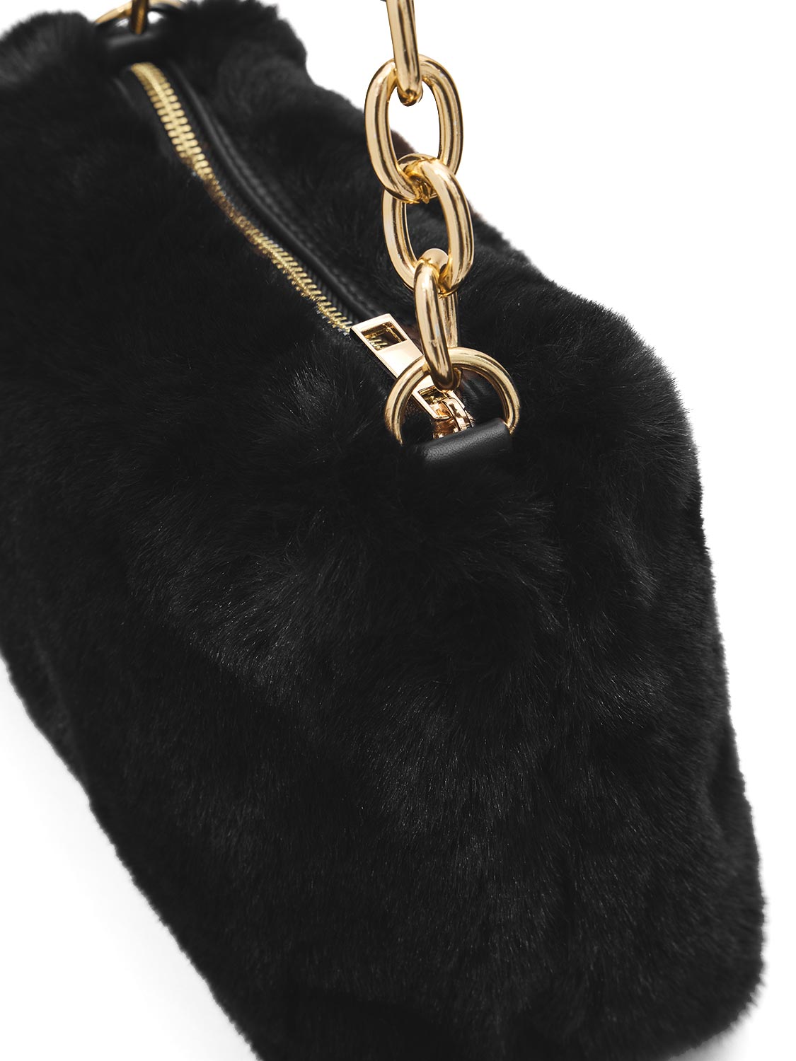 Black Faux Fur Bag with Gold Chain Handle - Close-up Zip Detail - Le Chateau