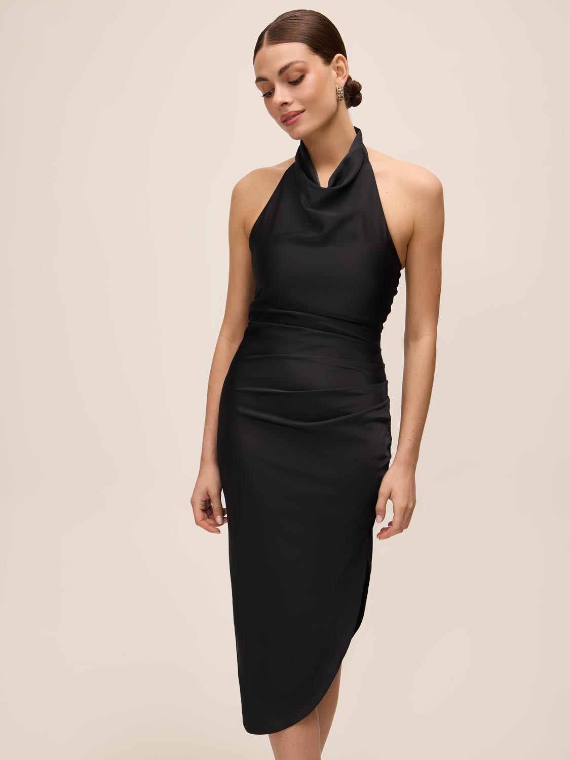 Black Draped Halter Neck Midi Dress - Front View - Le Chateau