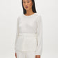 Winter White/Gold Stripe Popover Blouse with Sash Belt - Woman Wearing Long Sleeve Blouse - Suzy Shier