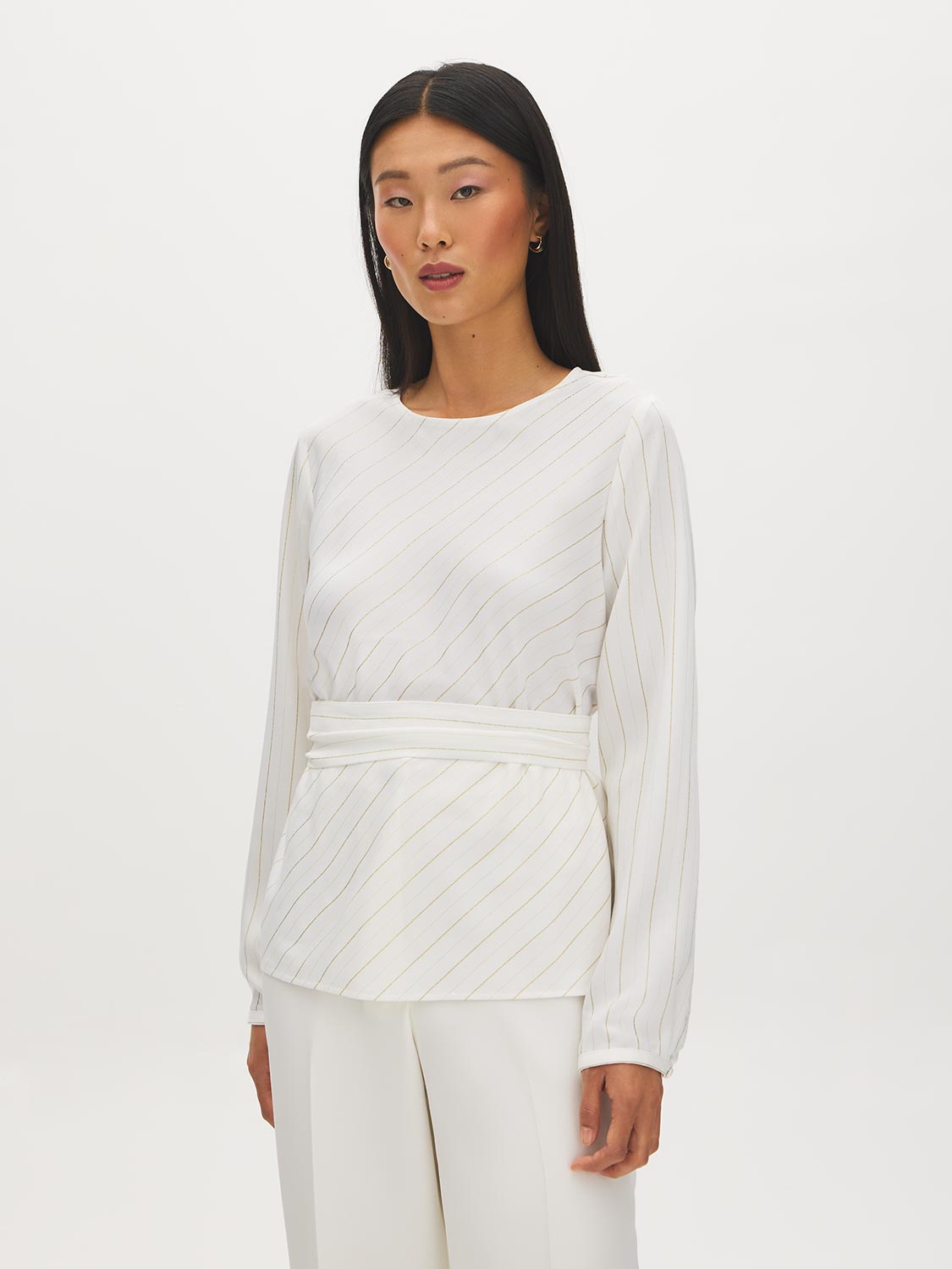 Winter White/Gold Stripe Popover Blouse with Sash Belt - Woman Wearing Long Sleeve Blouse - Suzy Shier