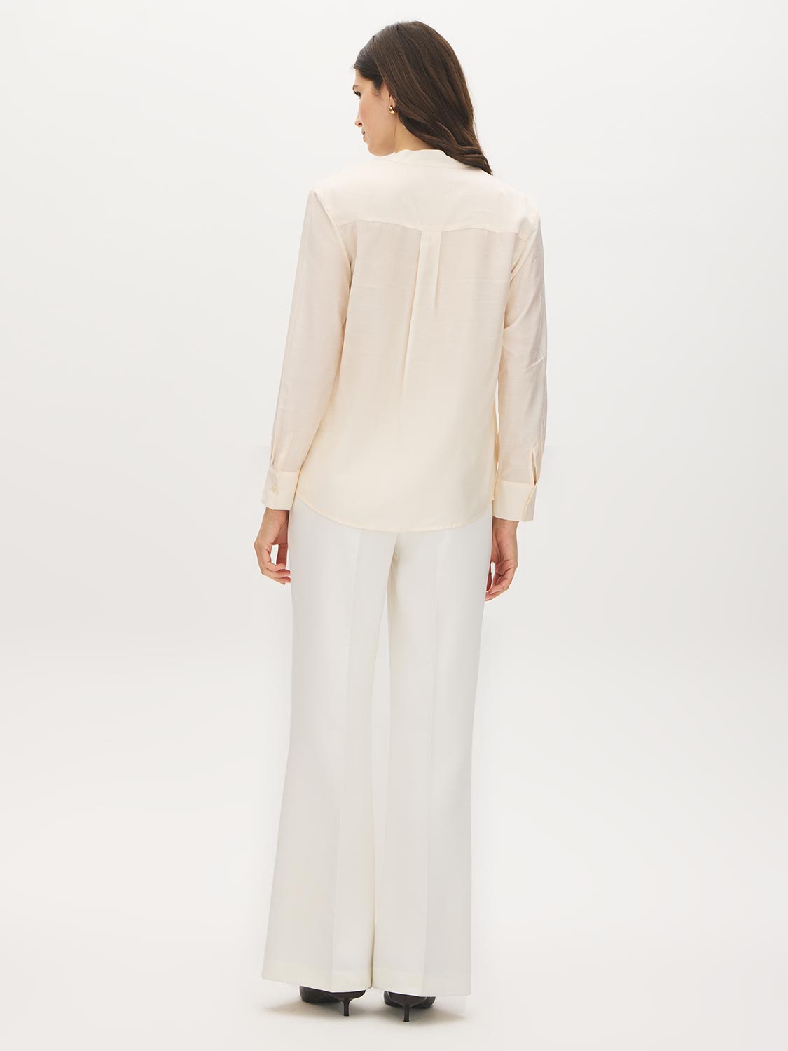Winter White Relaxed Fit Notch Collar Tuxedo Blouse - Back View - Suzy Shier