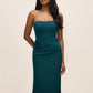 Teal Satin Bustier Midi Dress with Side Slit - Front View - Le Chateau