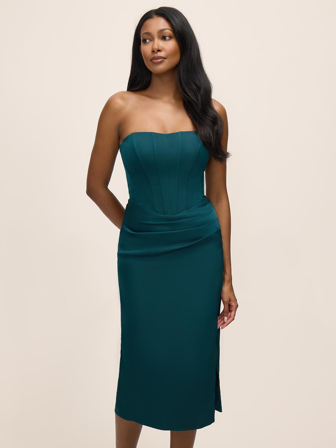 Teal Satin Bustier Midi Dress with Side Slit - Front View - Le Chateau
