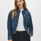 Dark Wash Drop Shoulder Denim Jacket - Woman Wearing Casual Sandblasted Jacket - Suzy Shier