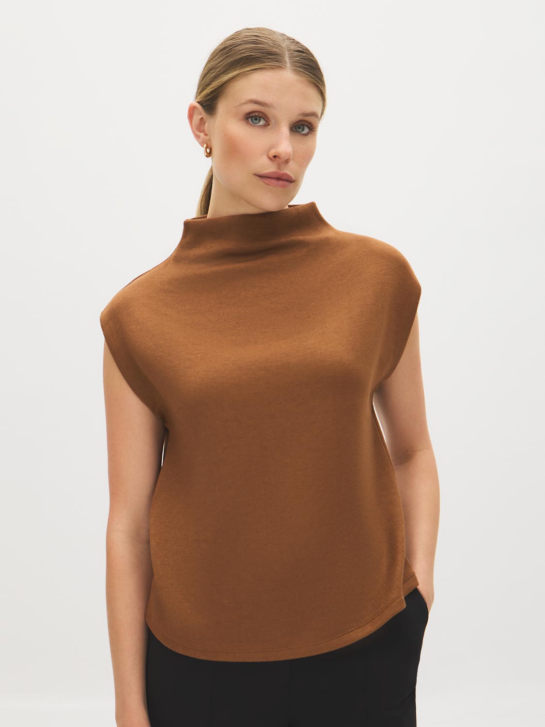 Bison Sleeveless Mock Neck Sweater Top - Side Profile View - Suzy Shier
