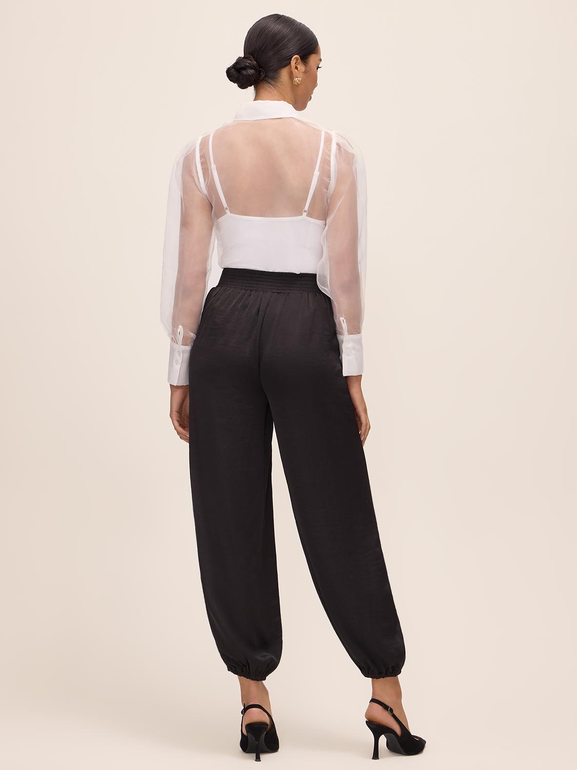 Black Satin Balloon Leg Pant - Back View - Le Chateau