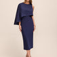 Dark Sapphire Satin Slip Popover Dress with Asymmetric Cape - Woman Wearing Elegant Evening Dress - Le Chateau