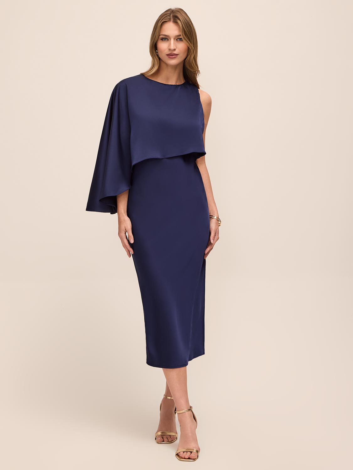 Dark Sapphire Satin Slip Popover Dress with Asymmetric Cape - Woman Wearing Elegant Evening Dress - Le Chateau