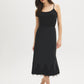Black Lace Trim Satin Bias Column Skirt - Close-up Lace Hem Detail - Suzy Shier