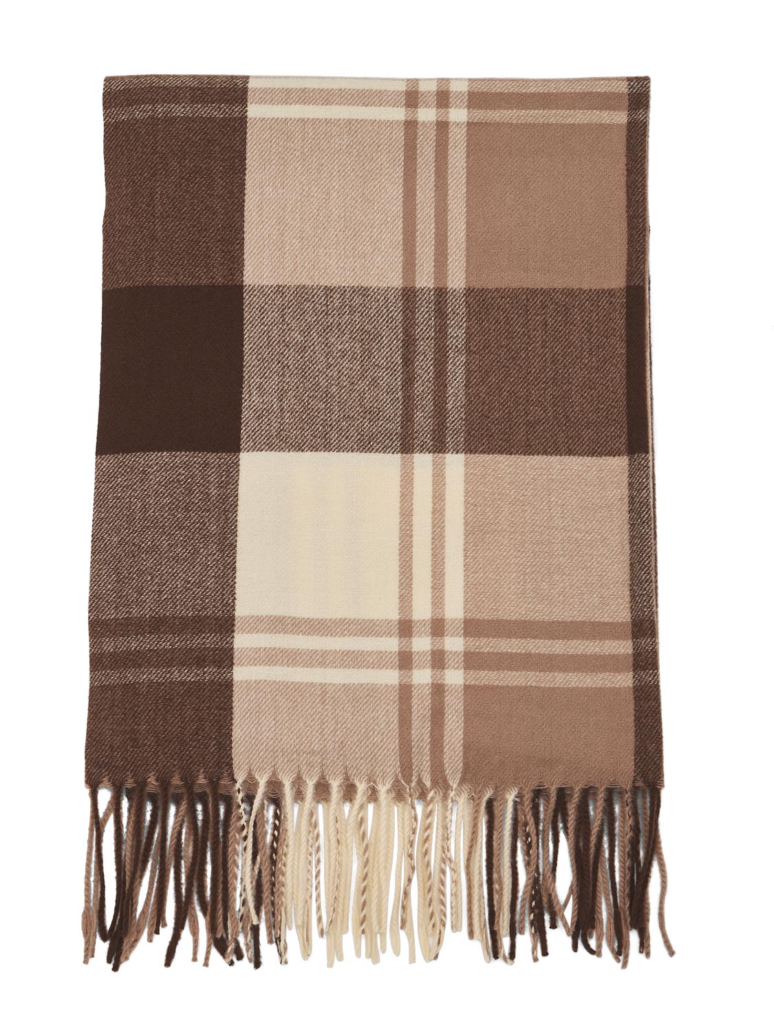 Brown/Beige Plaid Scarf with Fringes - Full View - Suzy Shier