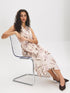 Pink Tint Dot Print Satin Halter Dress - Seated View - Suzy Shier