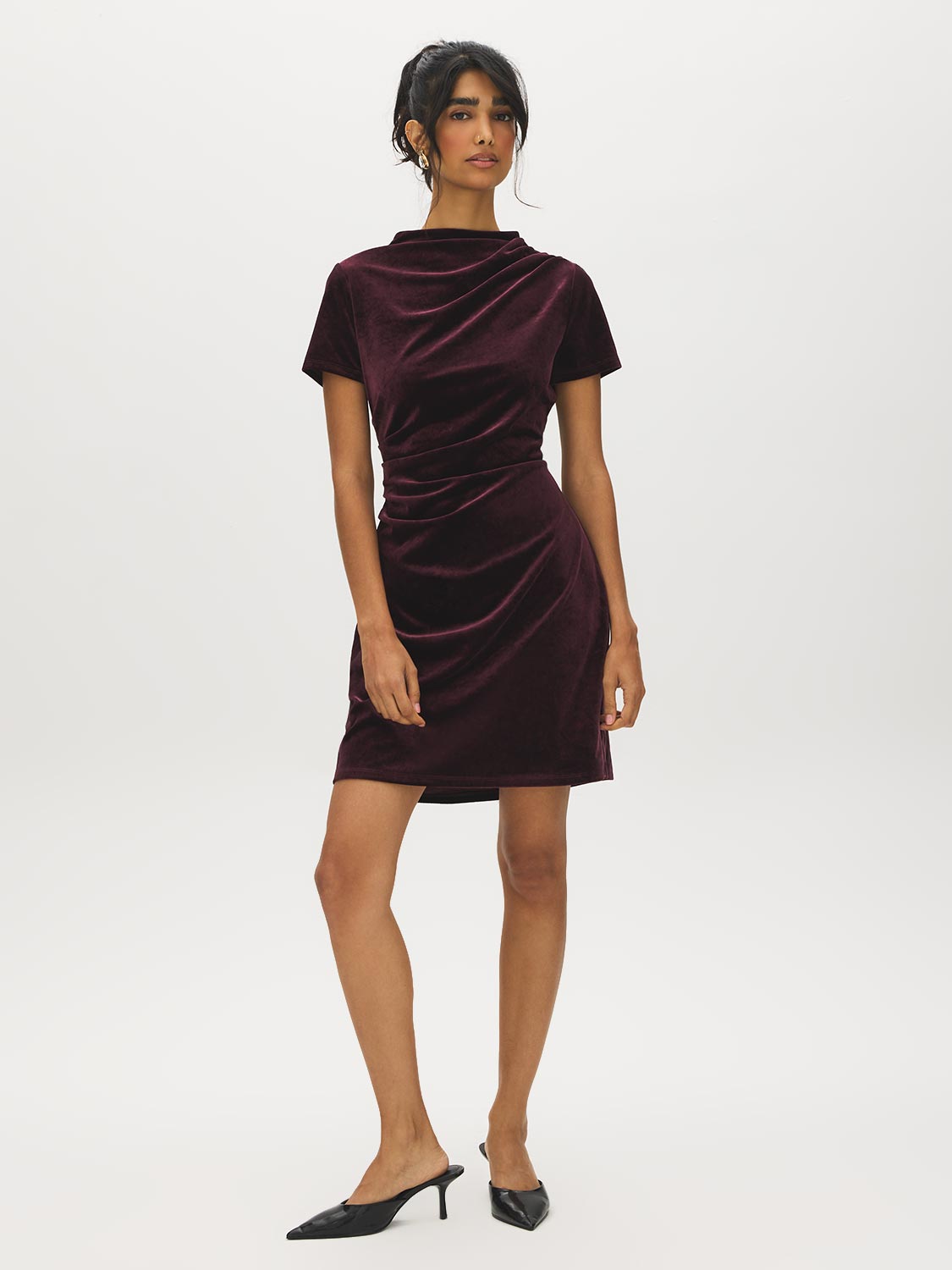 Midnight Plum Velour Mini Dress with Gathered Detail - Woman Wearing Short Sleeve Dress - Suzy Shier