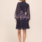 Dark Sapphire Border Floral Midi Dress with Puff Sleeves - Back View - Le Chateau