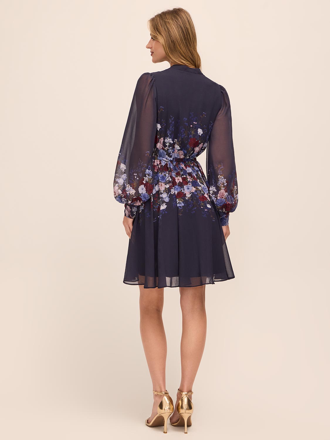Dark Sapphire Border Floral Midi Dress with Puff Sleeves - Back View - Le Chateau
