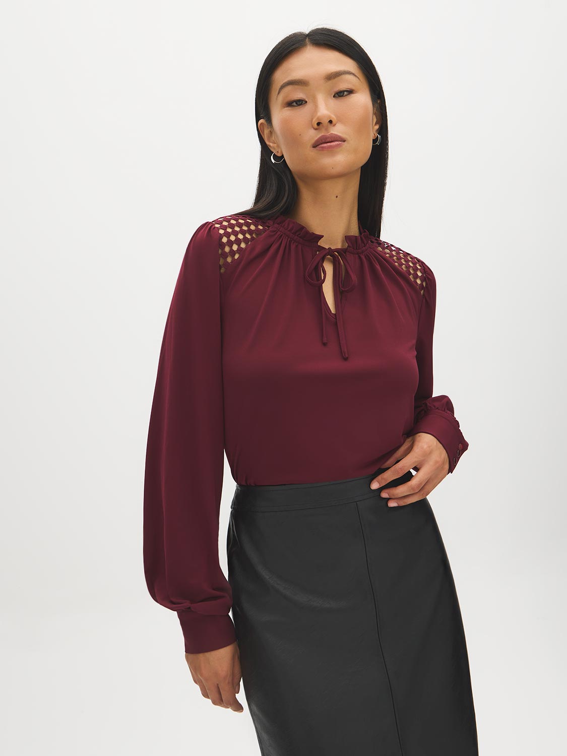 Zinfandel Balloon Sleeve Knit Top with Crochet Shoulders - Woman Wearing Crochet Detail Blouse - Suzy Shier