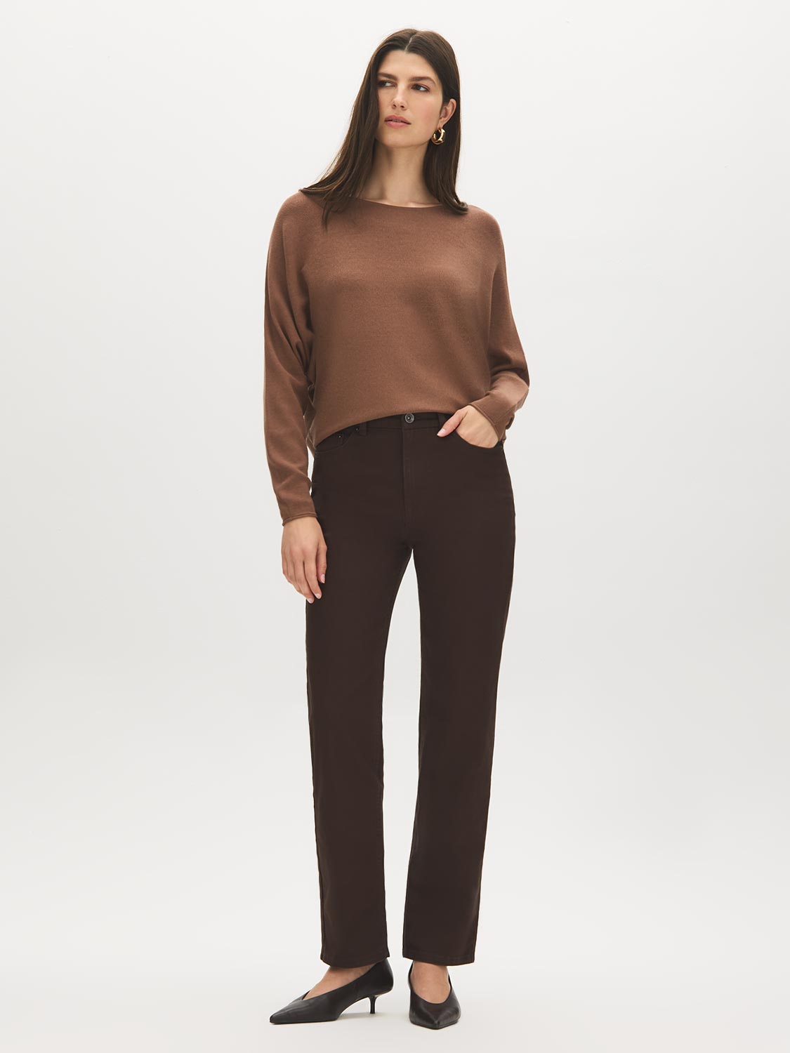 Coffee Bean Straight Leg Colored Denim Pant - Woman Wearing Five-Pocket Denim - Suzy Shier